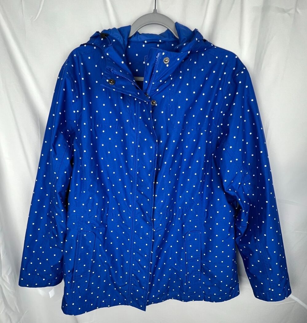 L.L.BEAN H2OFF Women XL Petite Rain Jacket Blue Polka Dot Waterproof Hooded